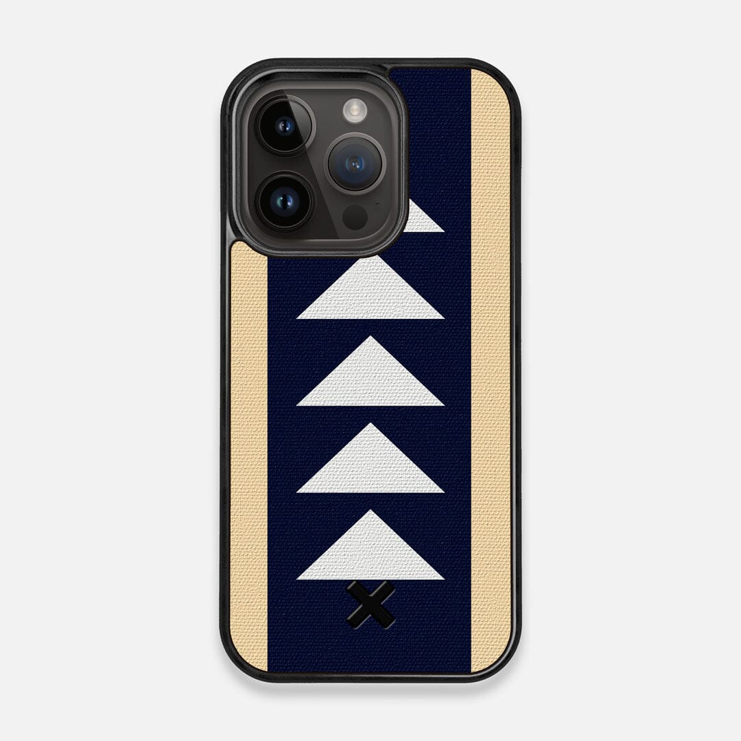 Front view of the Track Adventure Marker in the Wayfinder series UV-Printed thick cotton canvas iPhone 15 Pro MagSafe Case by Keyway Designs