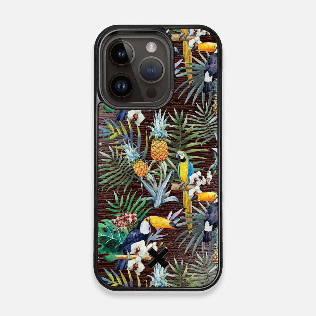 Front view of the Tropic Toucan and leaf printed Wenge Wood iPhone 15 Pro MagSafe Case by Keyway Designs