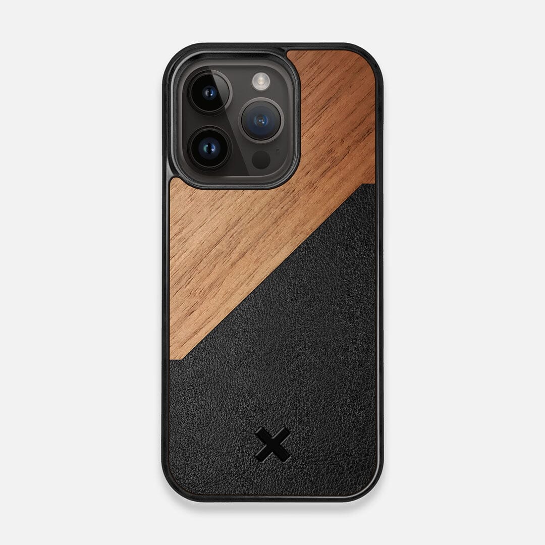 Front view of the Walnut Rift Elegant Wood & Leather iPhone 15 Pro MagSafe Case by Keyway Designs