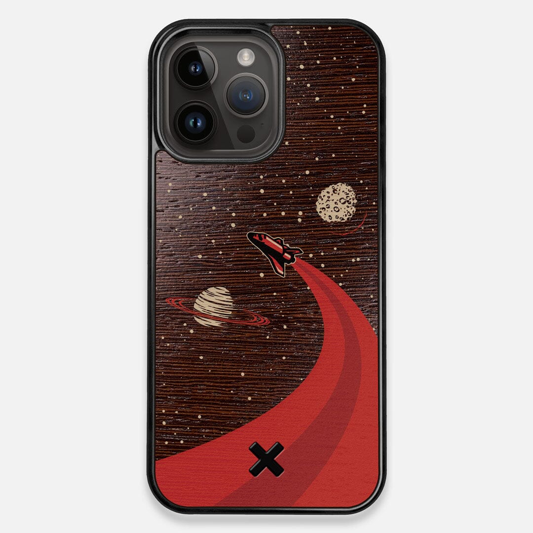 Front view of the stylized space shuttle boosting to saturn printed on Wenge wood iPhone 15 Pro Max MagSafe Case by Keyway Designs