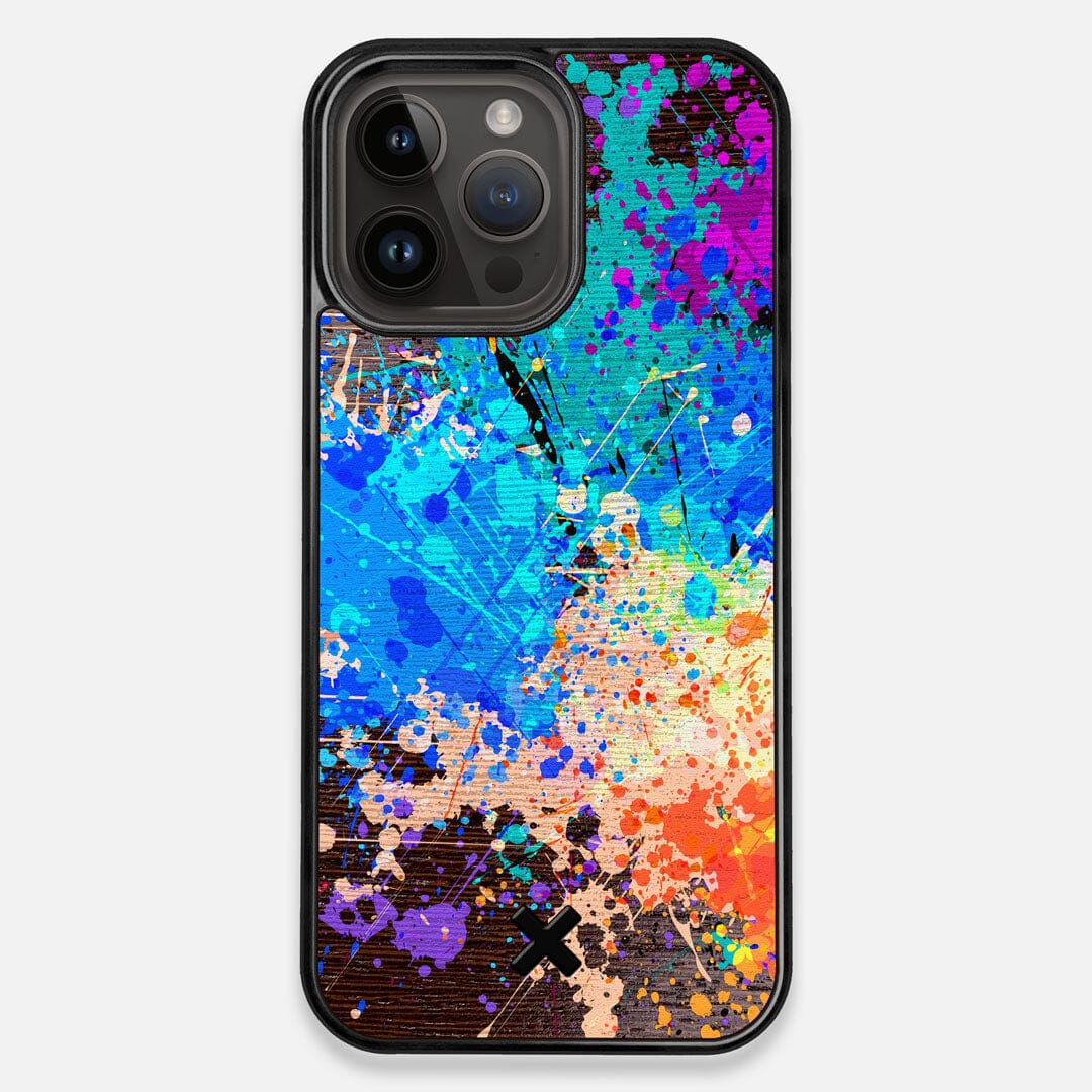 Front view of the realistic paint splatter 'Chroma' printed Wenge Wood iPhone 15 Pro Max MagSafe Case by Keyway Designs