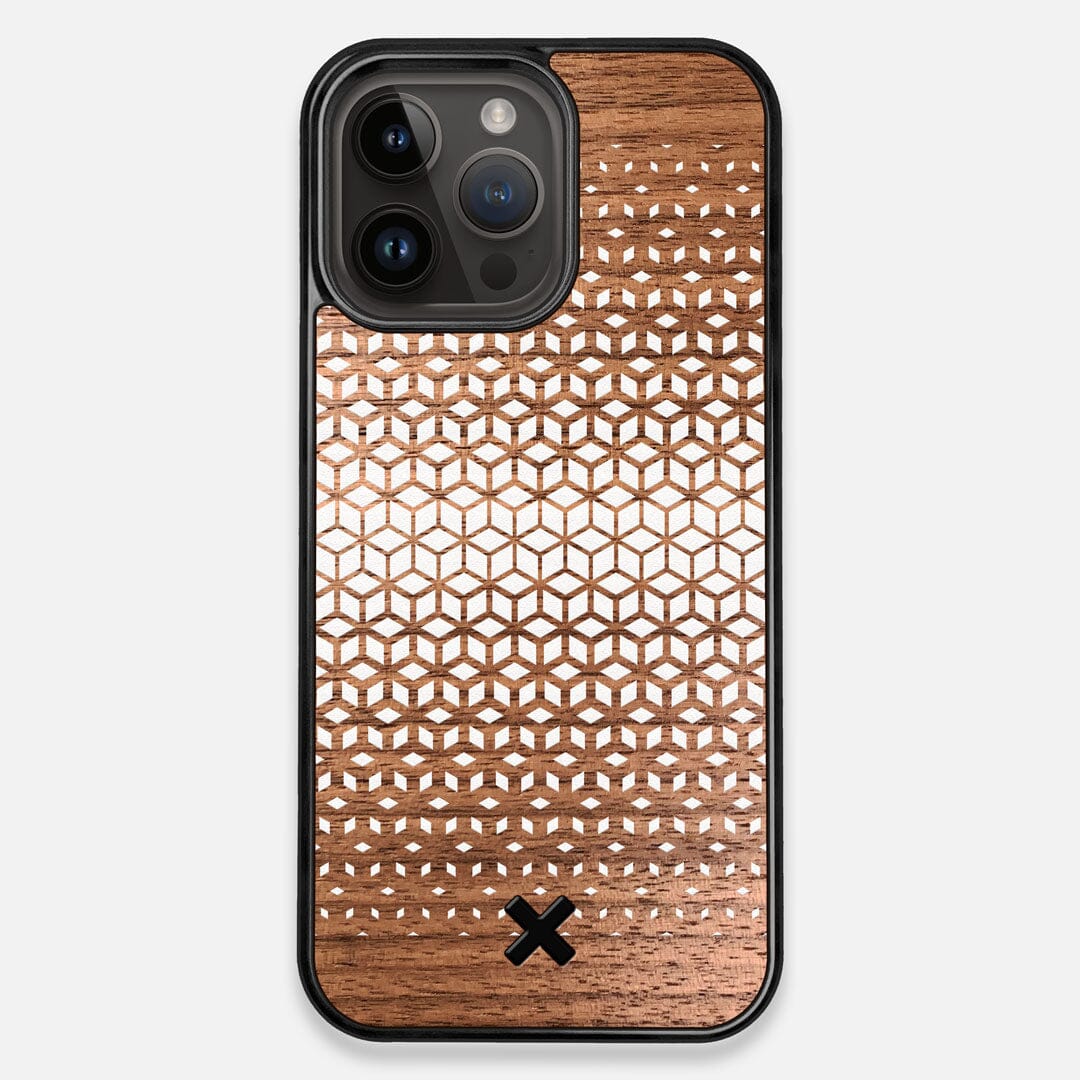 Front view of the white ink geometric gradient printed on Walnut wood iPhone 15 Pro Max MagSafe Case by Keyway Designs