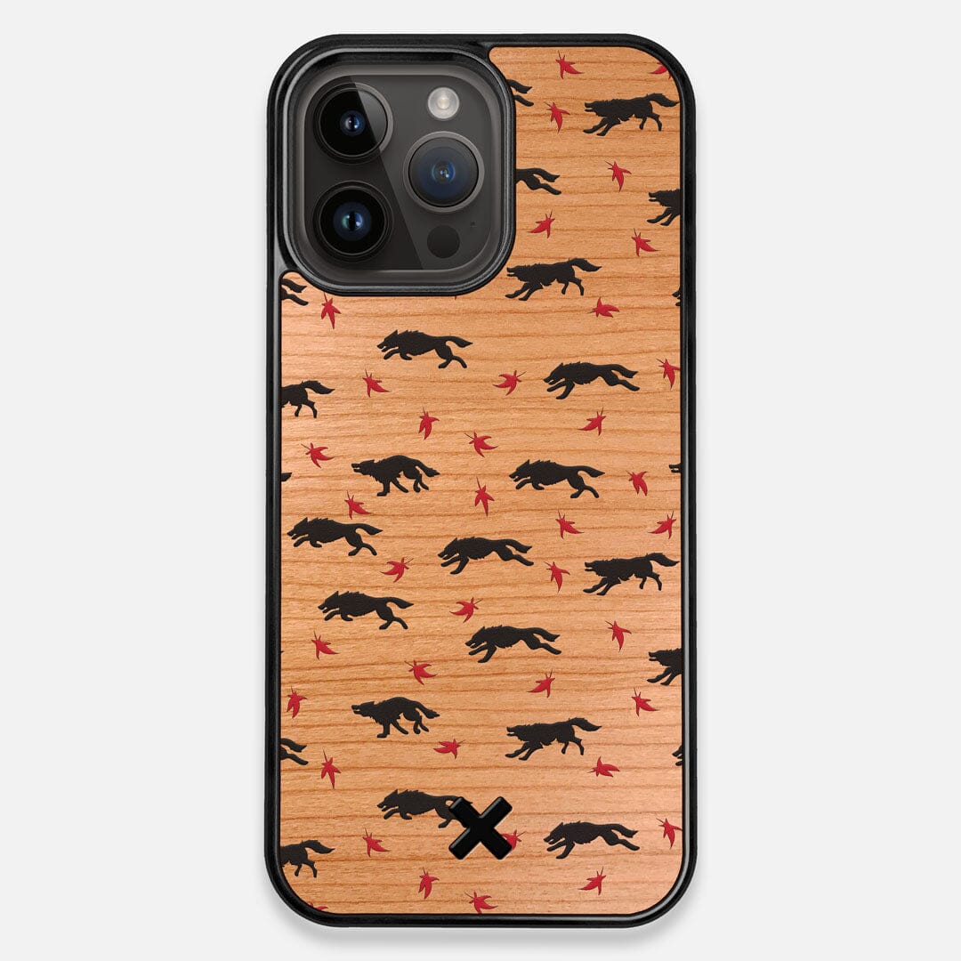 Front view of the unique pattern of wolves and Maple leaves printed on Cherry wood iPhone 15 Pro Max MagSafe Case by Keyway Designs
