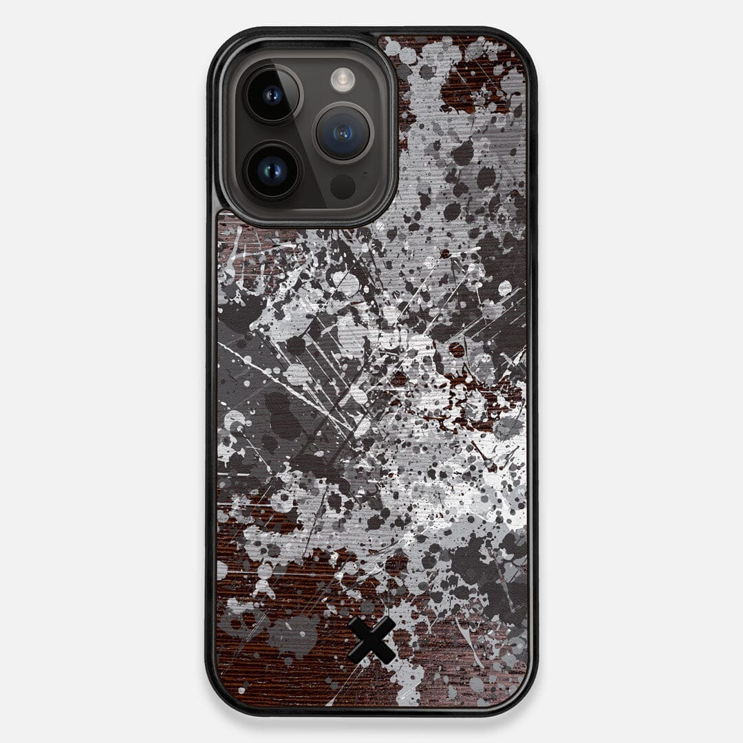 Front view of the aggressive, monochromatic splatter pattern overprintedprinted Wenge Wood iPhone 15 Pro Max MagSafe Case by Keyway Designs