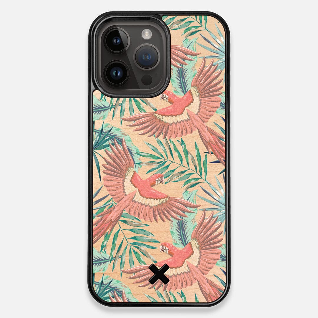 Front view of the Paradise Macaw and Tropical Leaf printed Maple Wood iPhone 15 Pro Max MagSafe Case by Keyway Designs