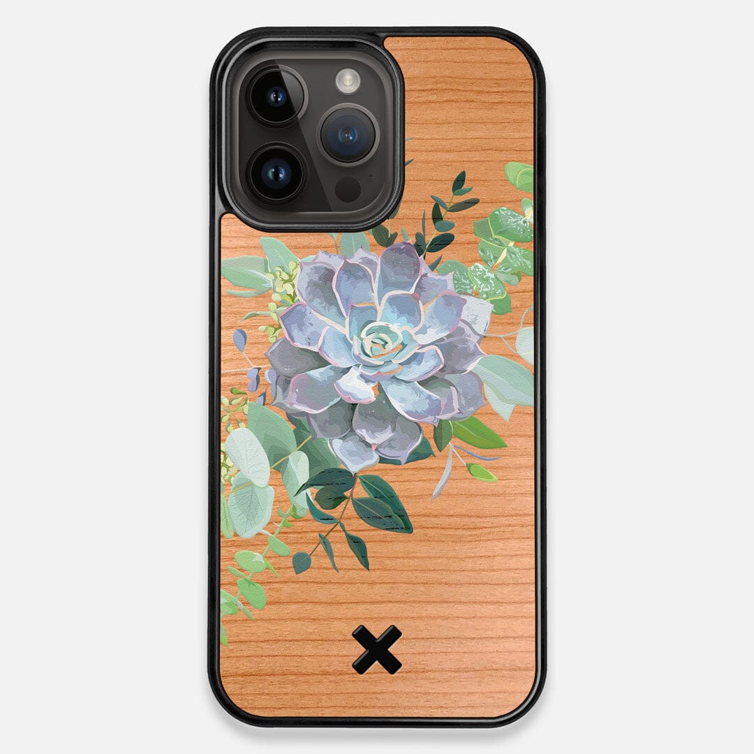Front view of the print centering around a succulent, Echeveria Pollux on Cherry wood iPhone 15 Pro Max MagSafe Case by Keyway Designs