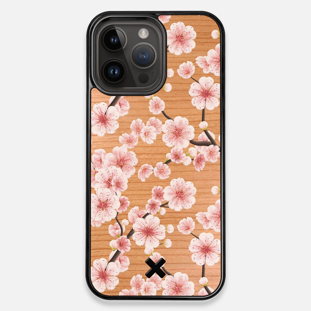 Front view of the Sakura Printed Cherry-blossom Cherry Wood iPhone 14 Pro Max MagSafe Case by Keyway Designs