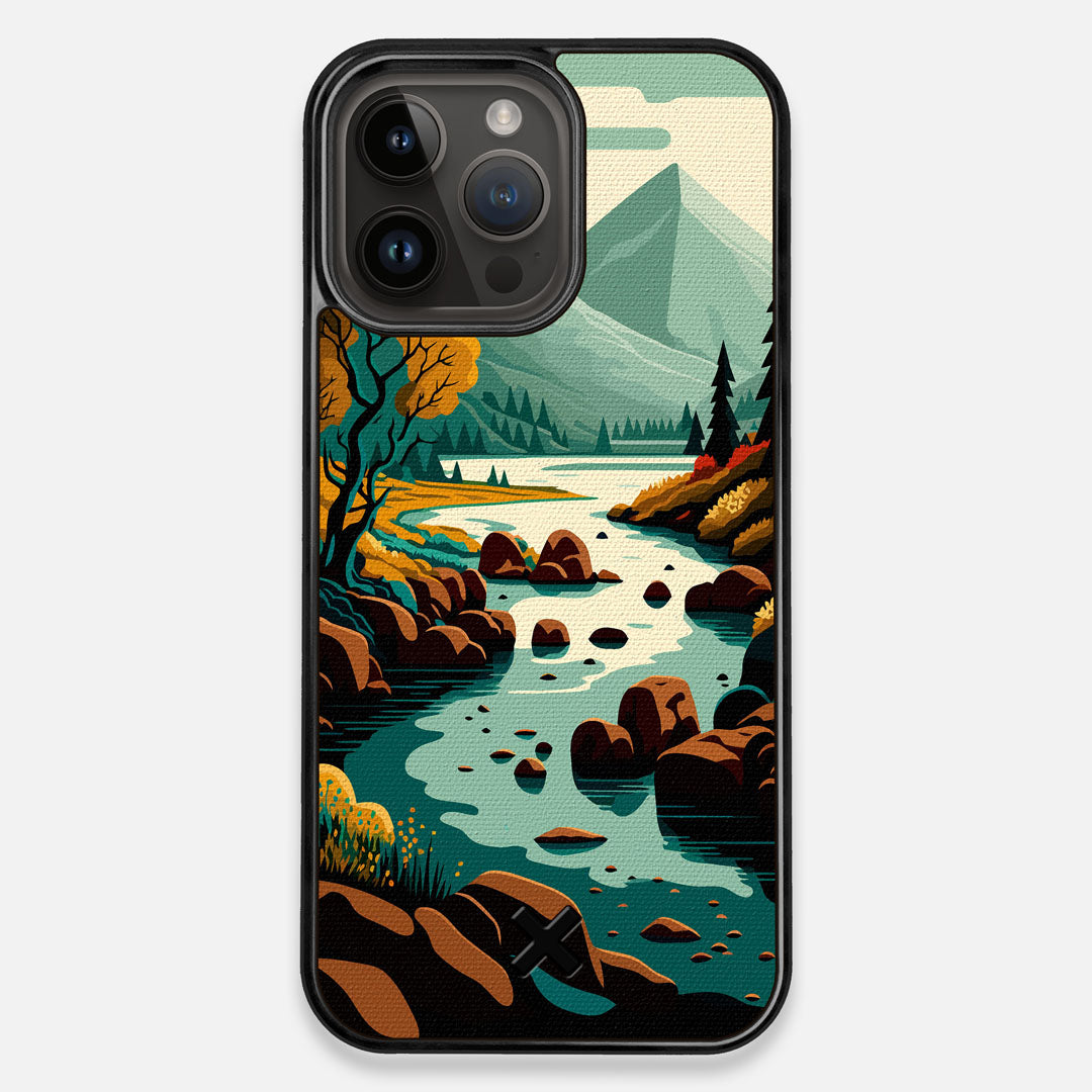 Front view of the stylized calm river flowing towards a lake at the base of the mountains printed to cotton canvas iPhone 14 Pro Max MagSafe Case by Keyway Designs