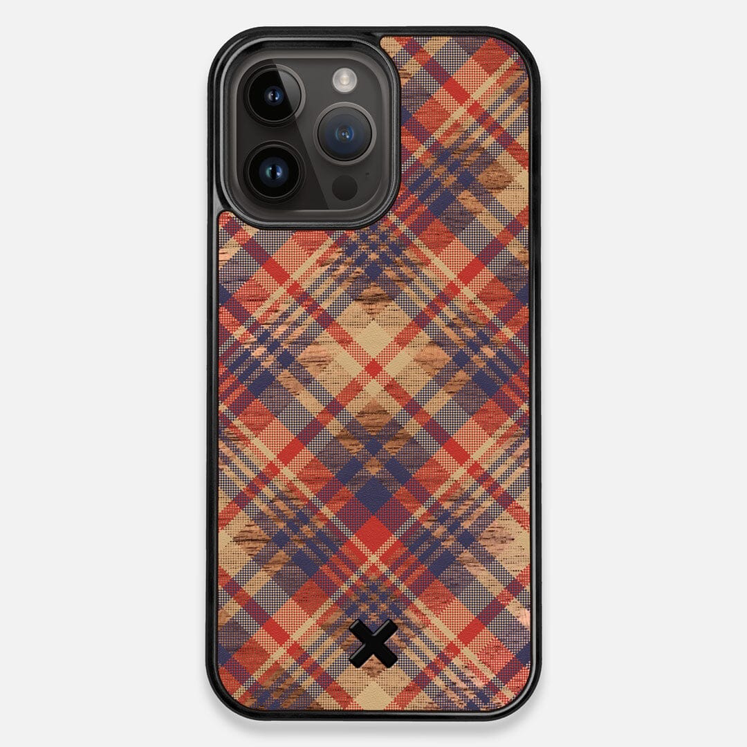 Front view of the Tartan print of beige, blue, and red on Walnut wood iPhone 15 Pro Max MagSafe Case by Keyway Designs