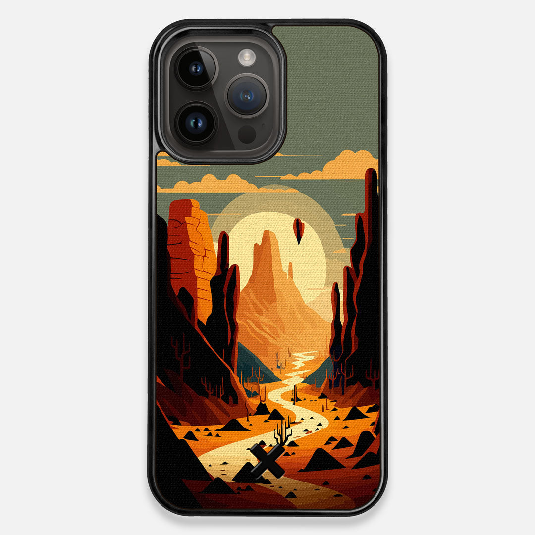 Front view of the stylized thin river cutting deep through a canyon sunset printed on cotton canvas iPhone 15 Pro Max MagSafe Case by Keyway Designs