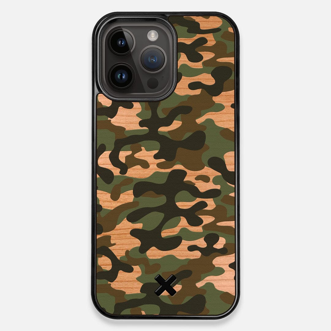 Front view of the stealth Paratrooper camo printed Wenge Wood iPhone 15 Pro Max MagSafe Case by Keyway Designs