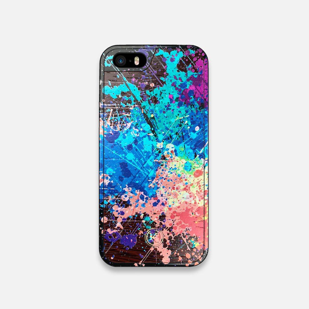 Front view of the realistic paint splatter 'Chroma' printed Wenge Wood iPhone 5 Case by Keyway Designs