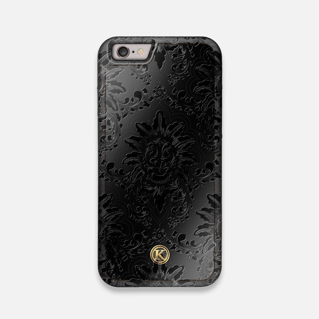 Front view of the detailed gloss Damask pattern printed on matte black impact acrylic iPhone 6 Case by Keyway Designs