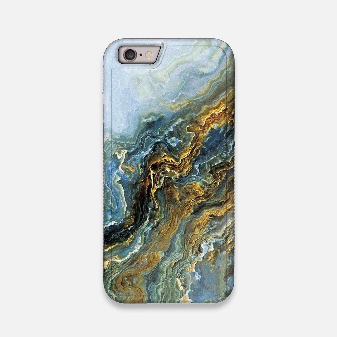 Front view of the vibrant and rich Blue & Gold flowing marble pattern printed Wenge Wood iPhone 6 Case by Keyway Designs