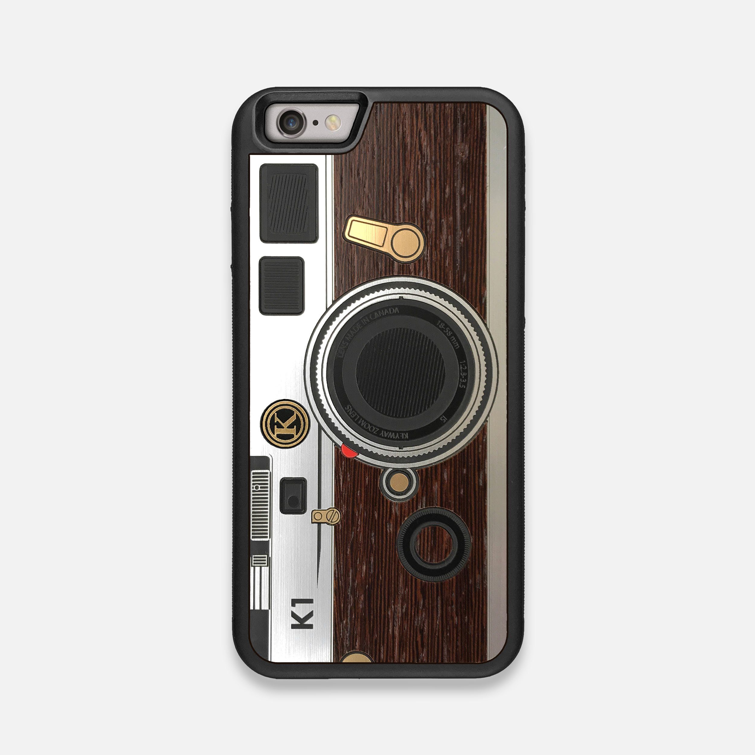 Front view of the classic Camera, silver metallic and wood iPhone 6 Case by Keyway Designs