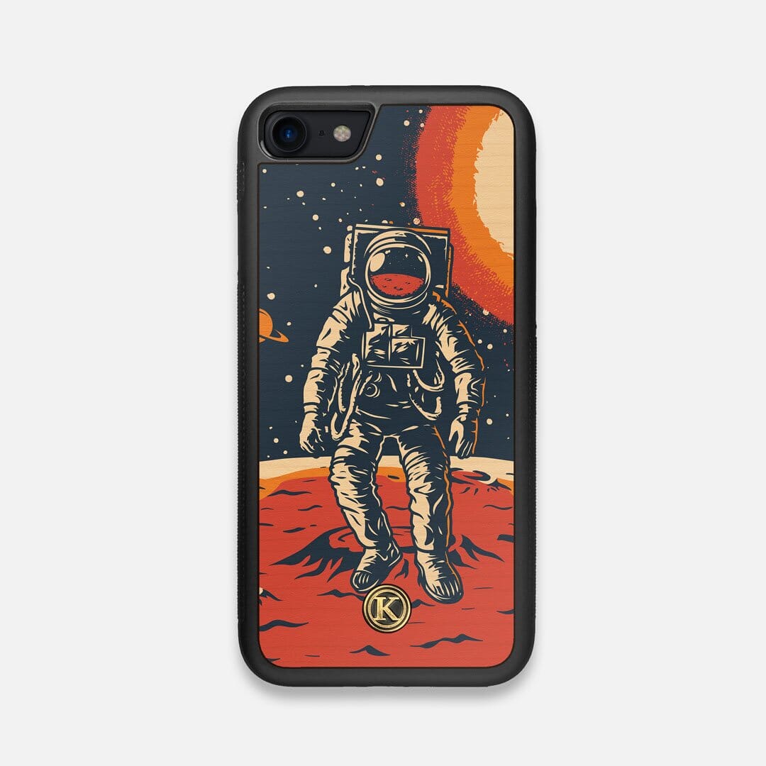 Front view of the stylized astronaut space-walk print on Cherry wood iPhone 7/8 Case by Keyway Designs
