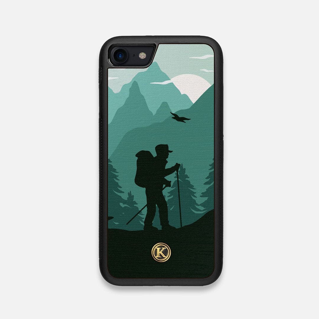 Front view of the stylized mountain hiker print on Wenge wood iPhone 7/8 Case by Keyway Designs