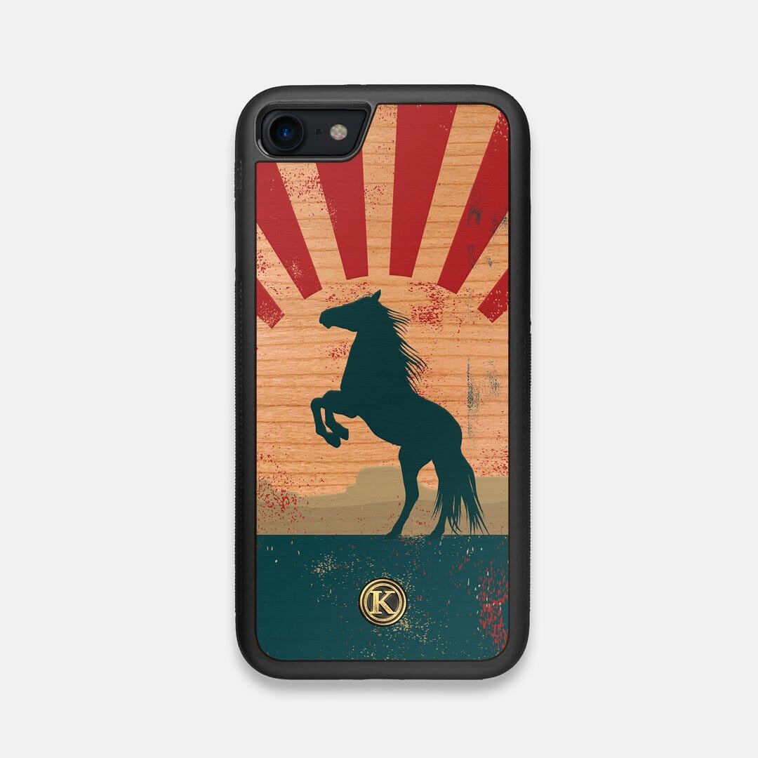 Front view of the epic mustang rearing up printed on Cherry wood iPhone 7/8 Case by Keyway Designs