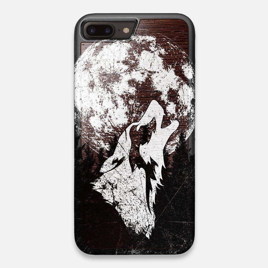 Front view of the high-contrast howling wolf on a full moon printed on a Wenge Wood iPhone 7/8 Plus Case by Keyway Designs
