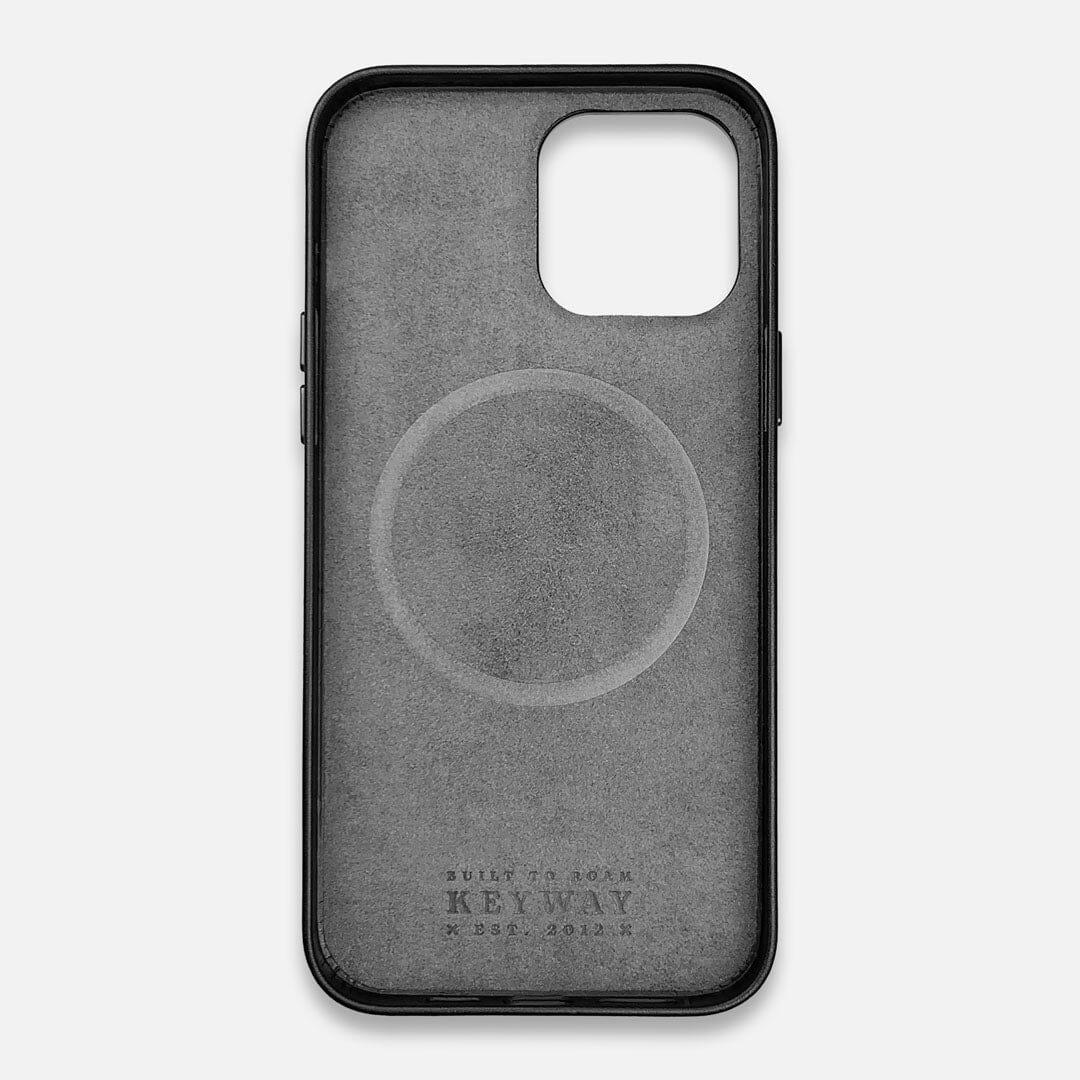 Microfiber lining of Charcoal Black Leather MagSafe iPhone 14 Plus Case by Keyway