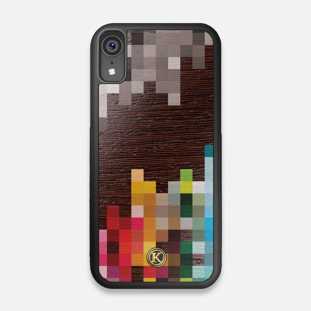 Front view of the digital art inspired pixelation design on Wenge wood iPhone XR Case by Keyway Designs