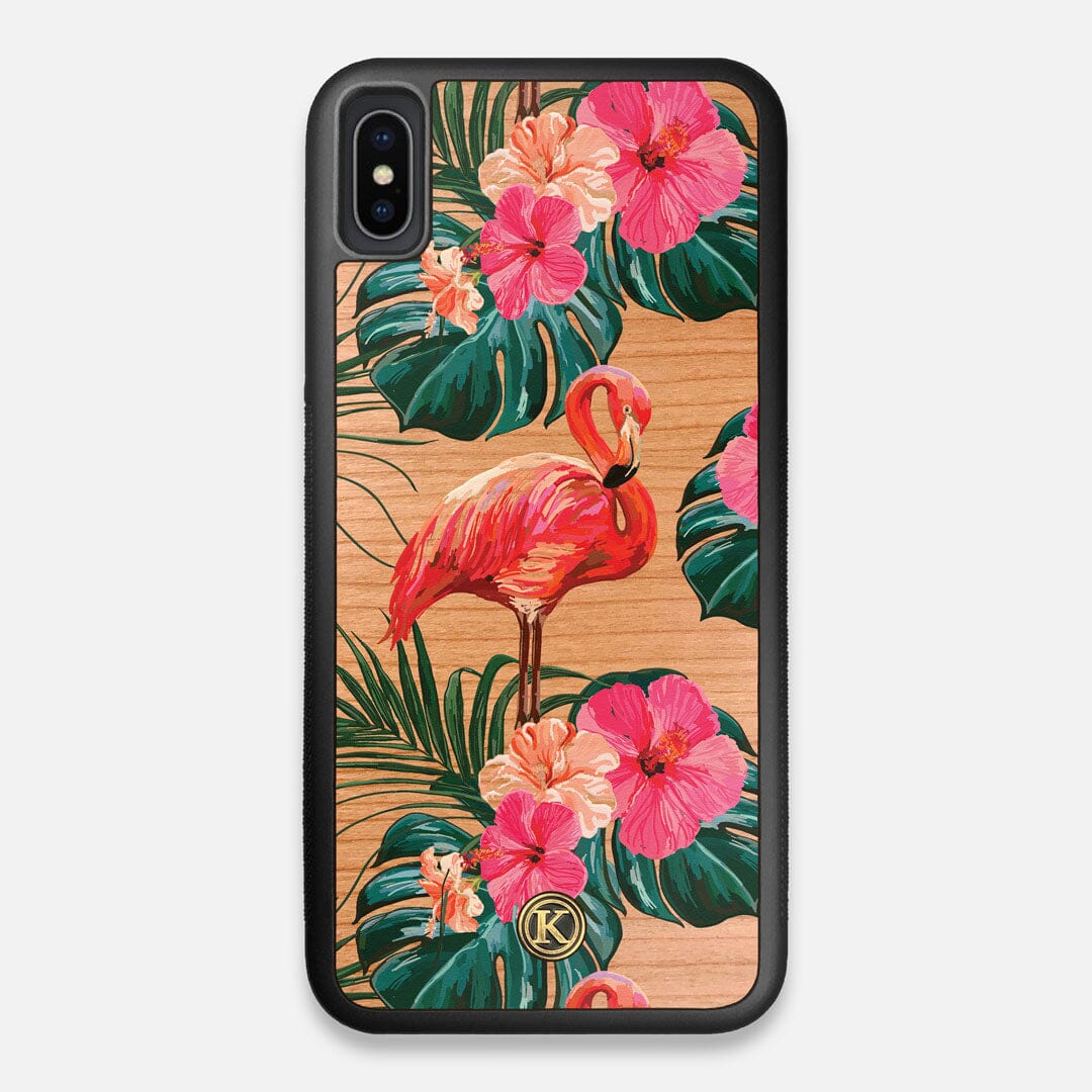 Front view of the Flamingo & Floral printed Cherry Wood iPhone XS Max Case by Keyway Designs