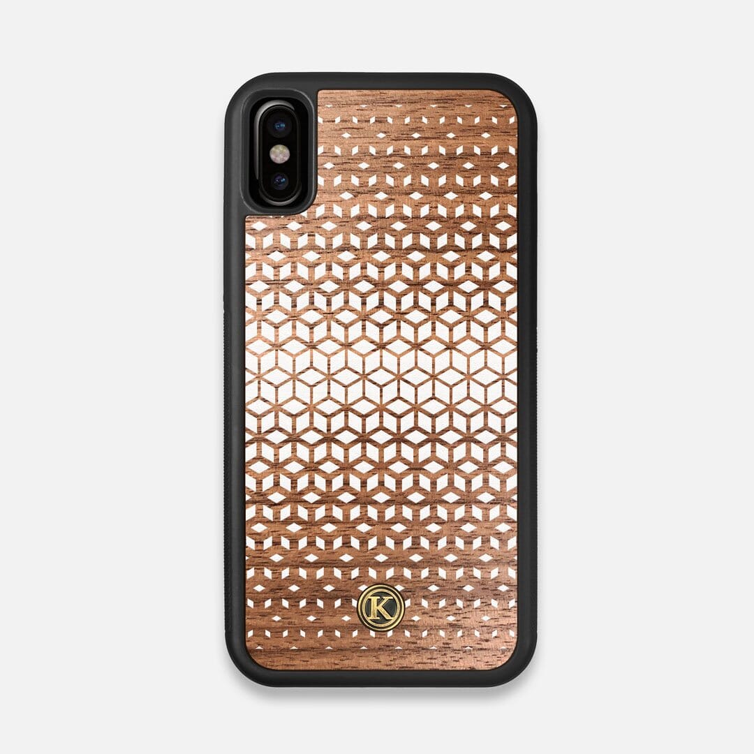 Front view of the white ink geometric gradient printed on Walnut wood iPhone X Case by Keyway Designs