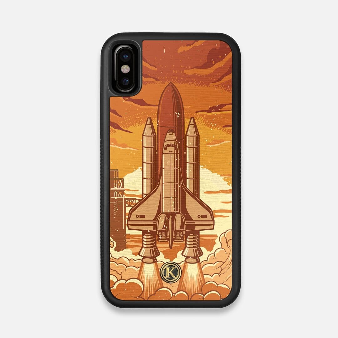 Front view of the vibrant stylized space shuttle launch print on Wenge wood iPhone X Case by Keyway Designs