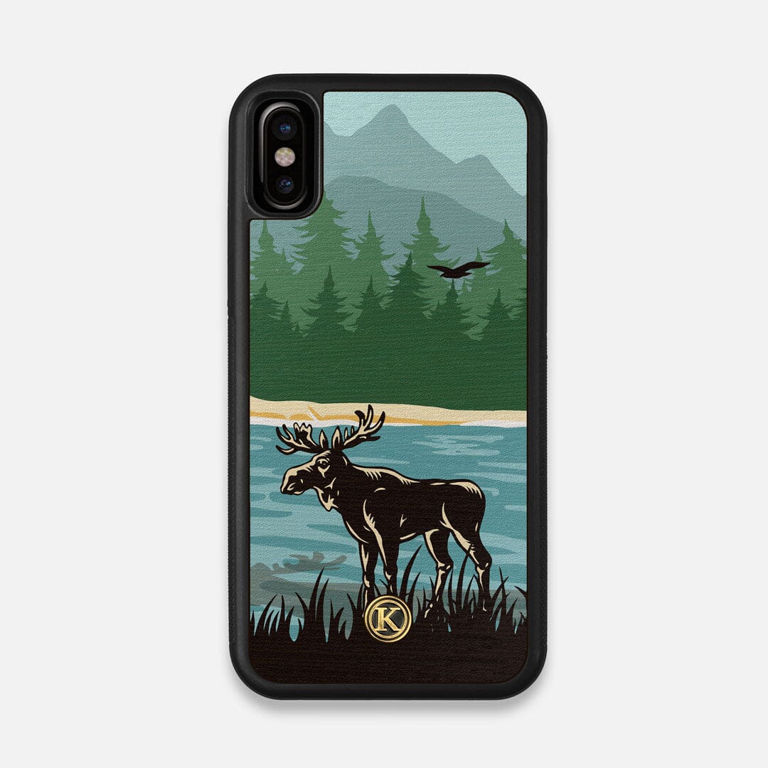 Front view of the stylized bull moose forest print on Wenge wood iPhone X Case by Keyway Designs