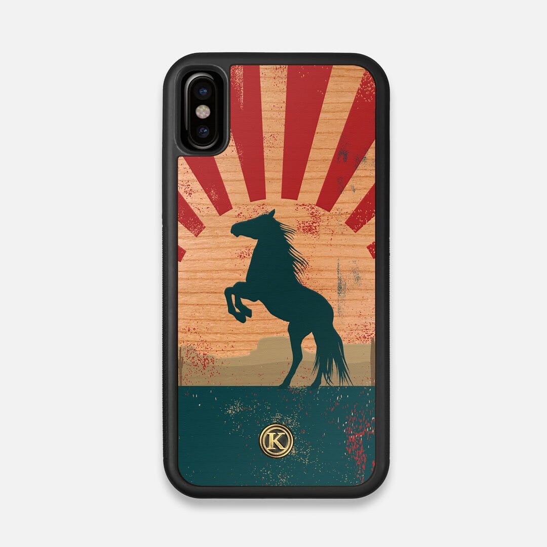 Front view of the epic mustang rearing up printed on Cherry wood iPhone X Case by Keyway Designs