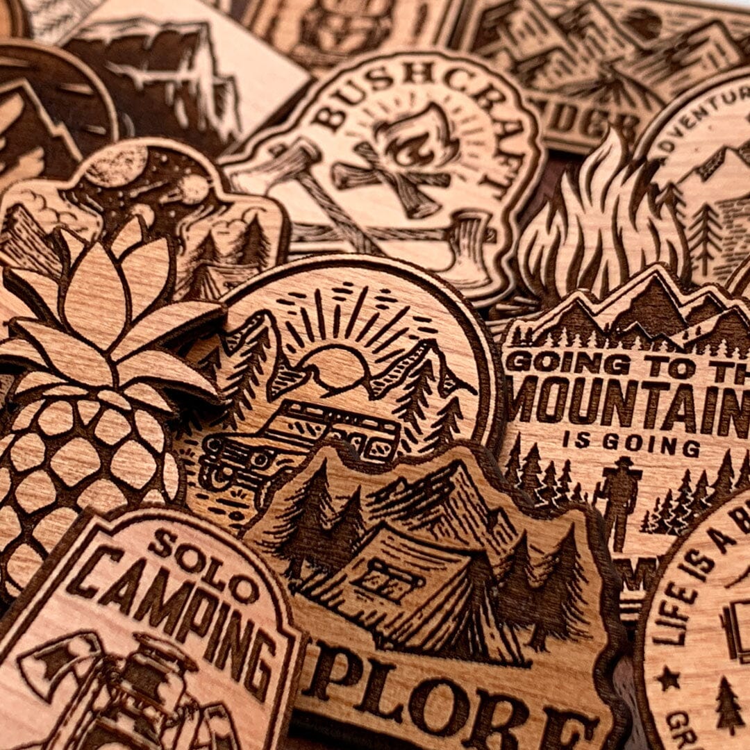 Adventure is Waiting - Keyway Engraved Wooden Pins Group Shot