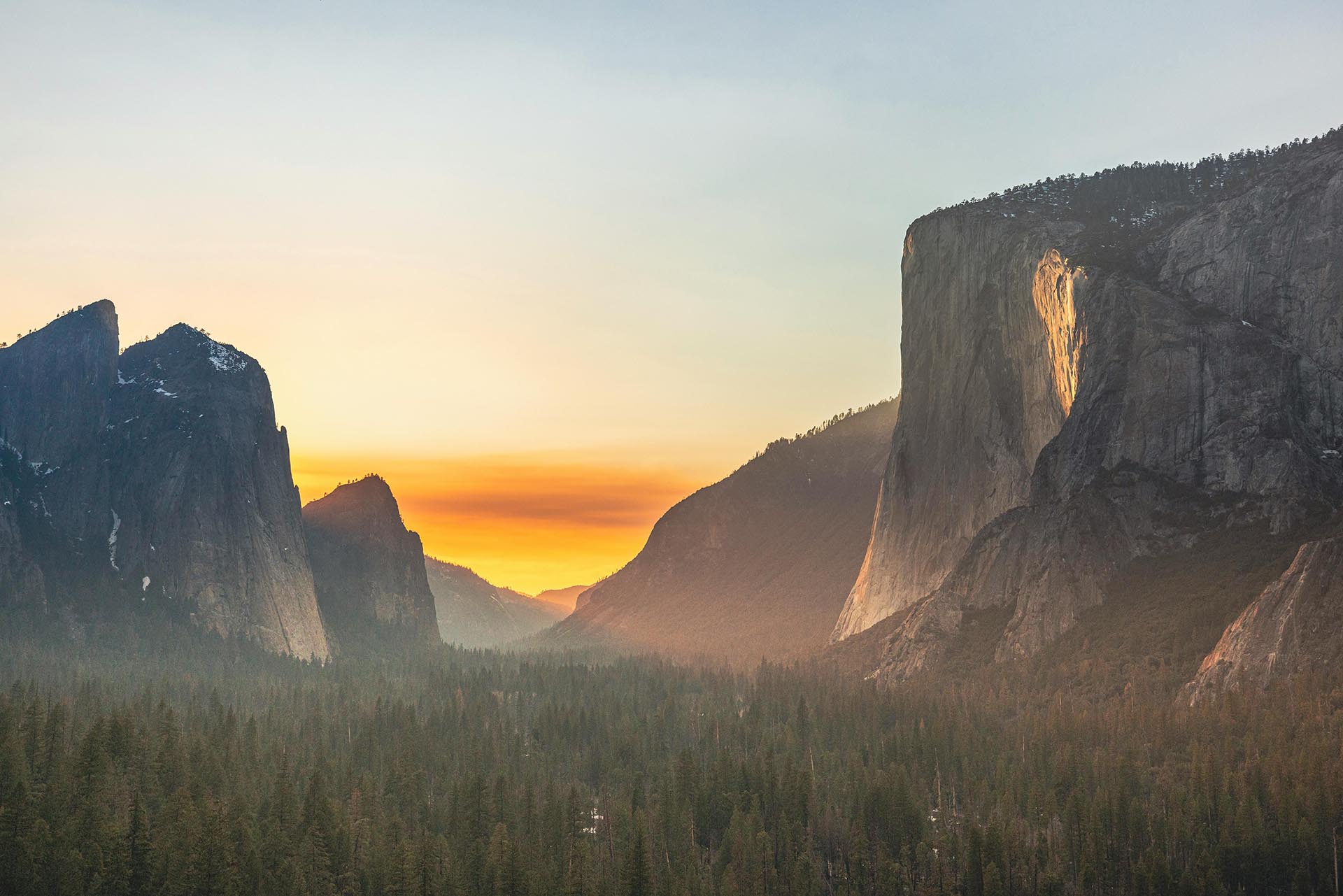 El Capitan glowing in the golden light of sunset above the forested floor of Yosemite Valley