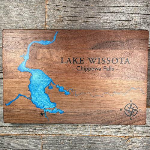 Epoxy map of Lake Wissota, Chippewa Falls, Wisconsin, USA, handmade by Keyway