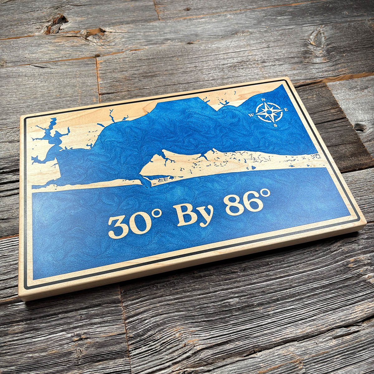 Epoxy map of Choctawhatchee Bay, Florida, USA, handmade by Keyway
