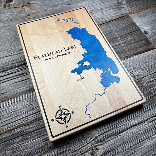 Epoxy map of Flathead Lake, Montana, USA, handmade by Keyway