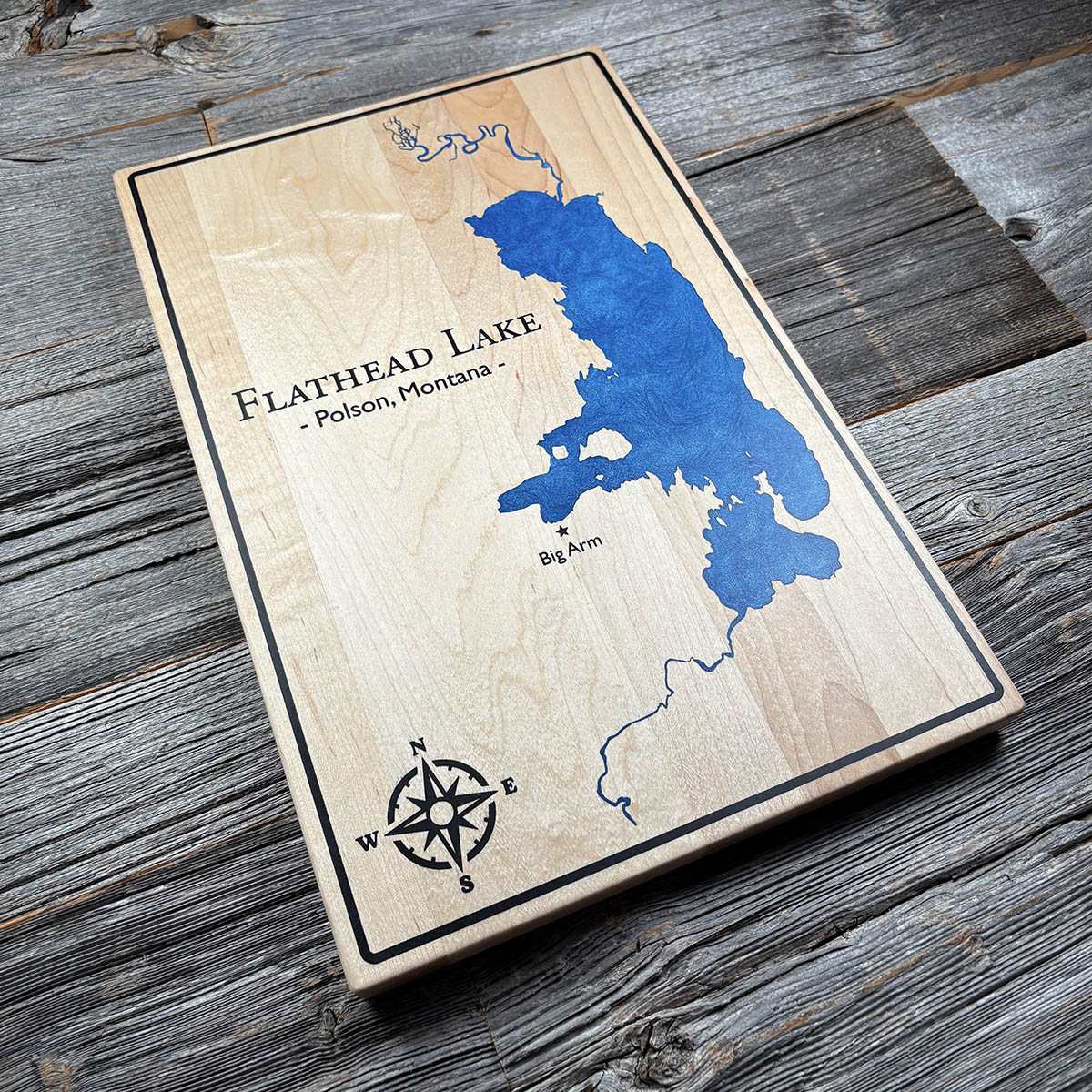 Epoxy map of Flathead Lake, Montana, USA, handmade by Keyway