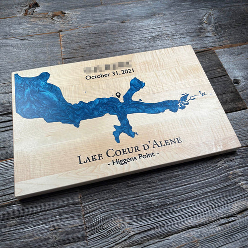 Epoxy map of Lake Coeur d'Alene, Idago, USA, handmade by Keyway