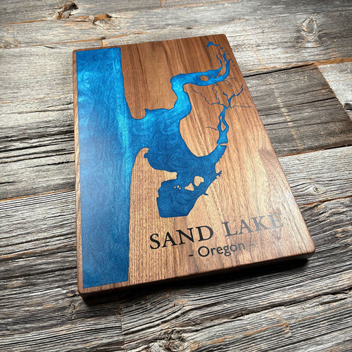 Epoxy map of Sand Lake, Oregon, USA, handmade by Keyway