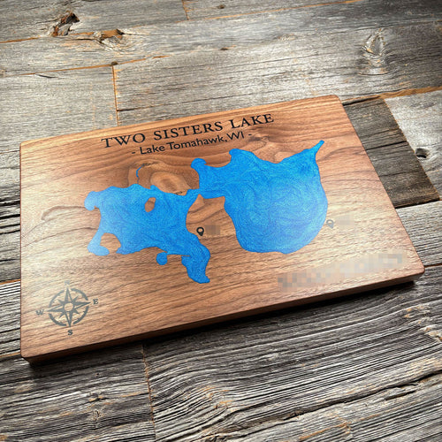 Epoxy map of Two Sisters Lake, Wisconsin, USA, handmade by Keyway