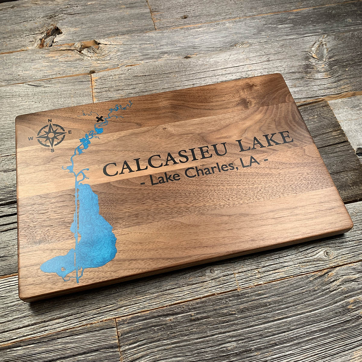 Epoxy map of Calcasieu Lake, Louisiana, USA, handmade by Keyway