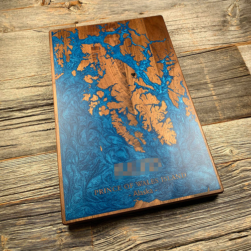 Epoxy map of Prince of Wales Island, Alaska, USA, handmade by Keyway