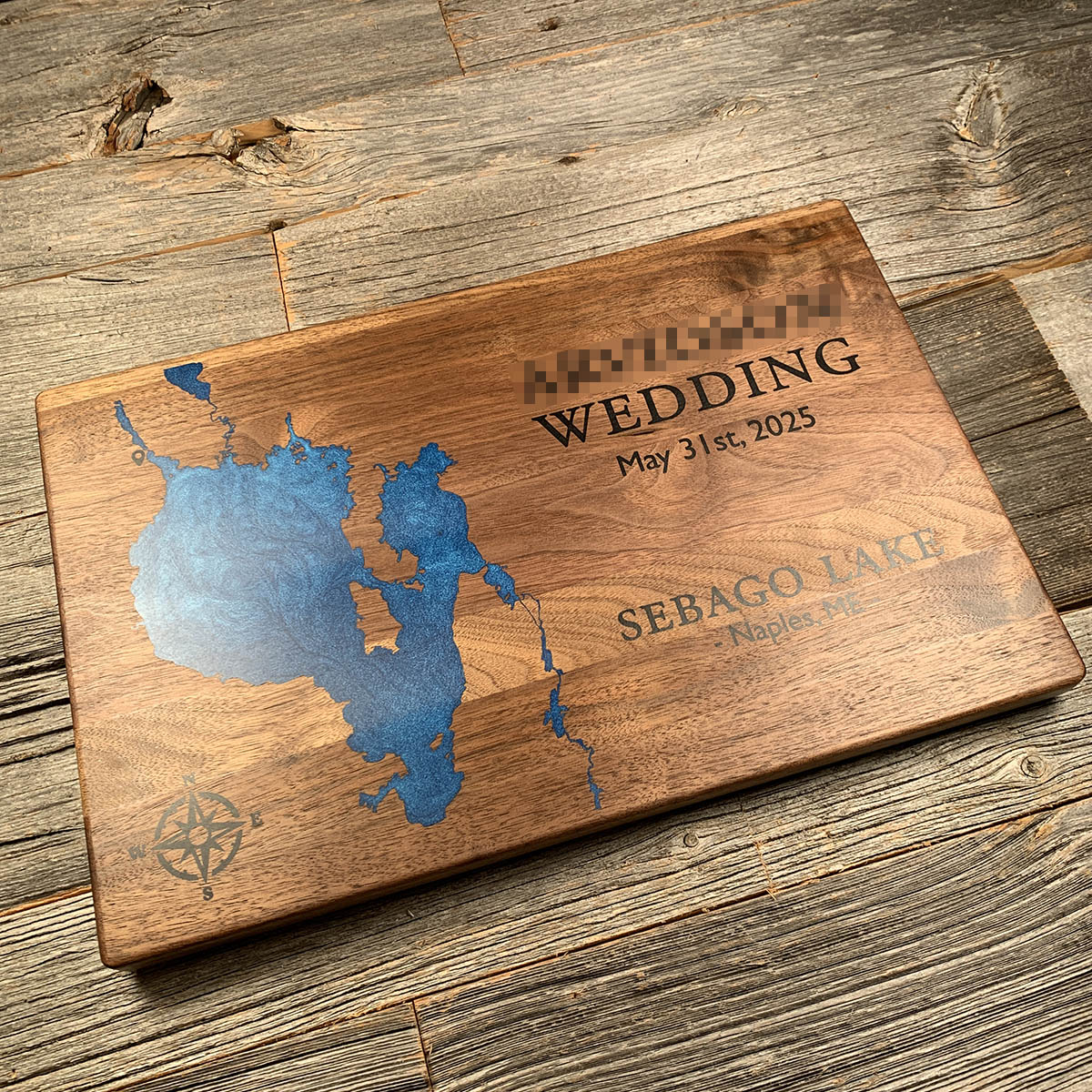 Epoxy map of Sebago Lake, Maine, USA, handmade by Keyway