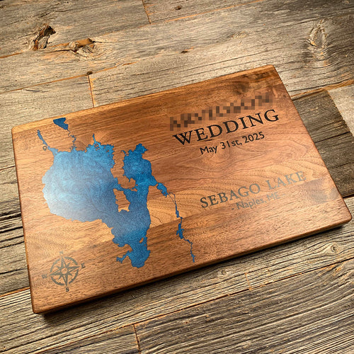 Epoxy map of Sebago Lake, Maine, USA, handmade by Keyway