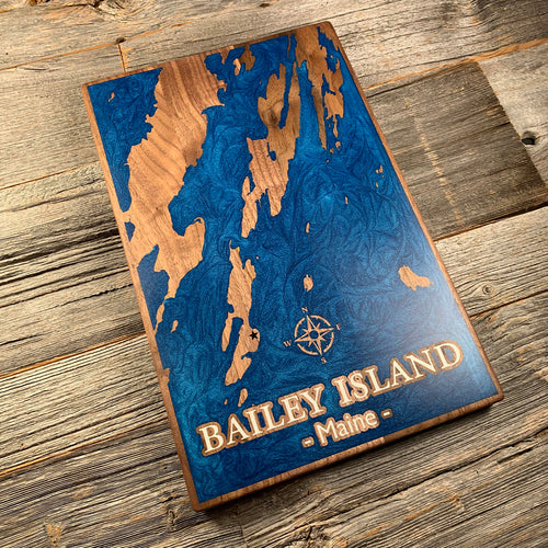 Epoxy map of Bailey Island, Maine, USA, handmade by Keyway