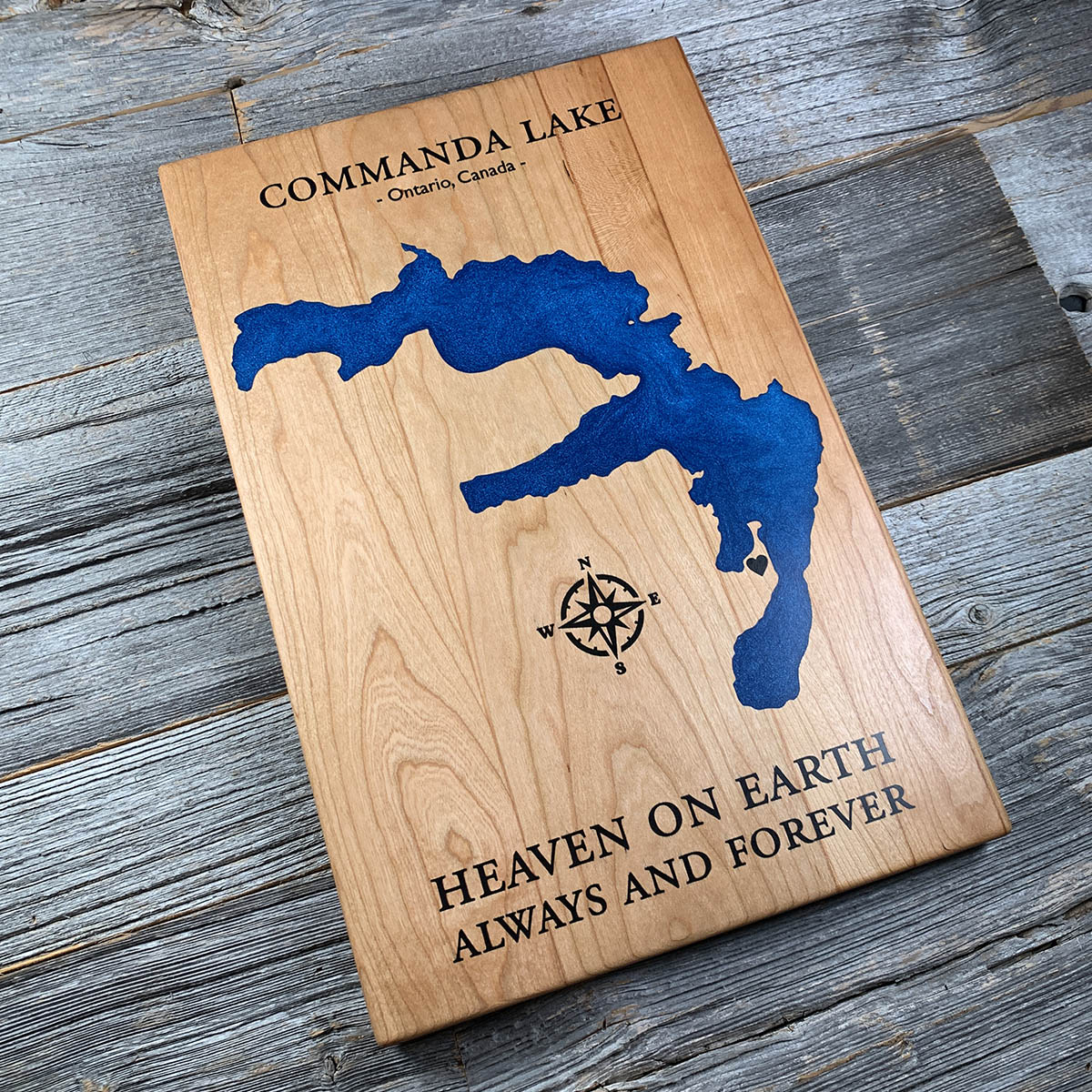 Epoxy map of Commanda Lake, Ontario, Canada, handmade by Keyway