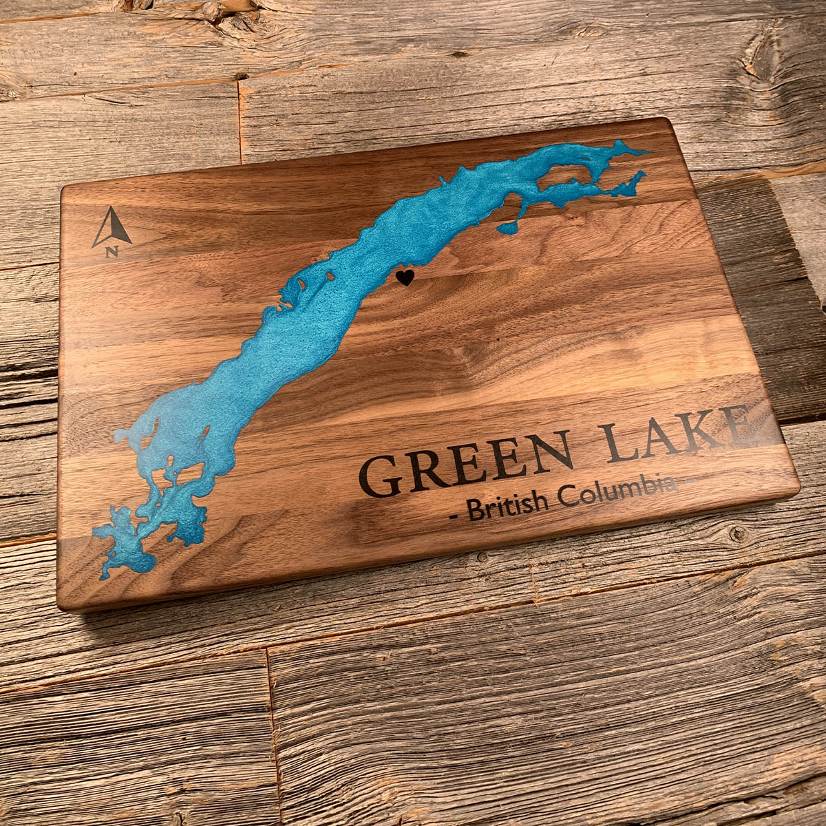 Epoxy map of Green Lake, British Columbia, Canada, handmade by Keyway