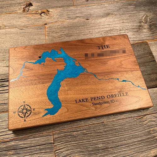 Epoxy map of Lake Pend, Idaho, USA, handmade by Keyway