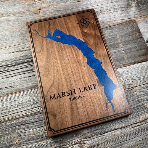 Epoxy map of Marsh Lake, Yukon, Canada, handmade by Keyway
