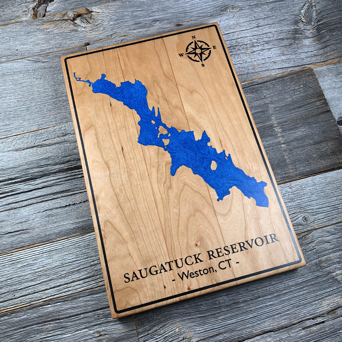 Epoxy map of Saugatuck Reservoir, Connecticut, USA, handmade by Keyway
