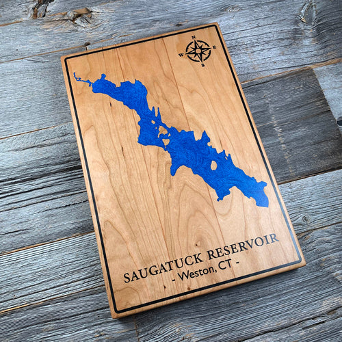 Epoxy map of Saugatuck Reservoir, Connecticut, USA, handmade by Keyway